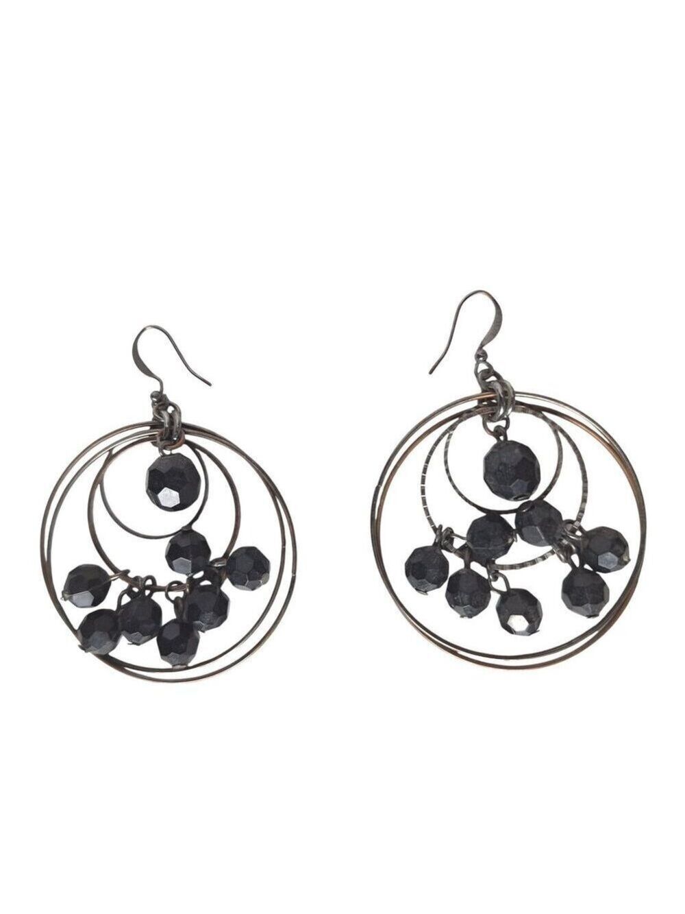 Black Faceted Bead Hoop Dangle Earrings Vintage Gothic Boho